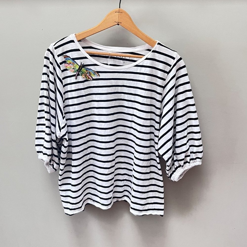 Loft Beaded Dragonfly Black and White Striped T-shirt- Size Small‎